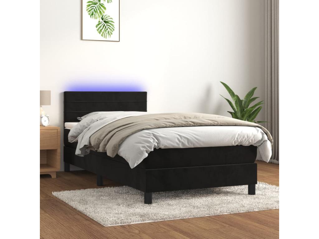 Upholstered bed base with mattress and LED lighting, black, 80x200cm, velvet, LZHH46688