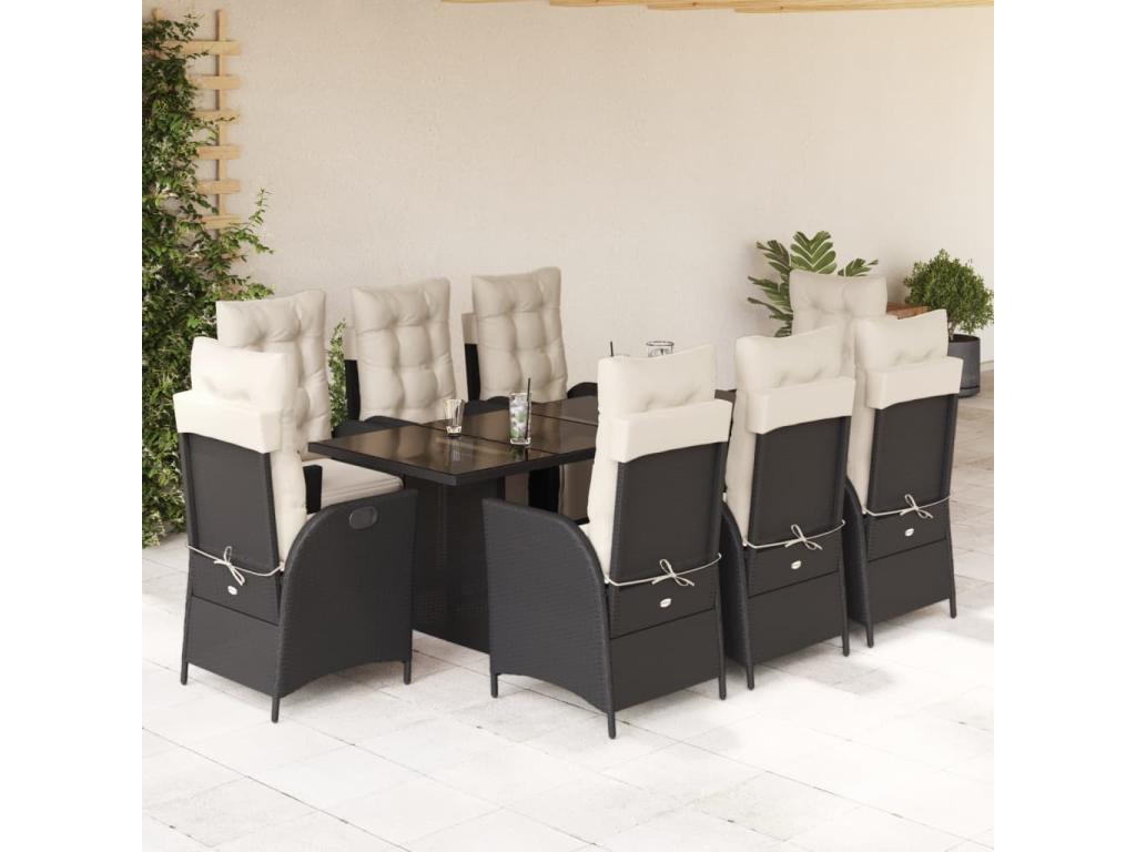 9-piece garden dining set with cushions, black resin wicker HTMF67419