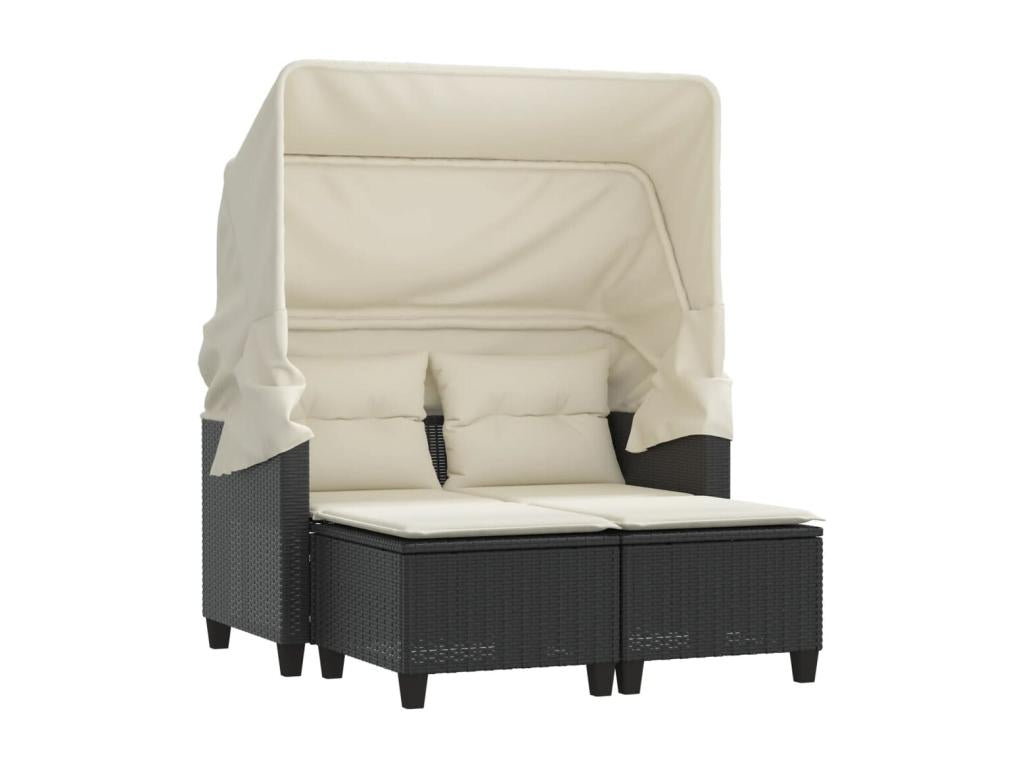 2-seater garden sofa with canopy and stools, black rattan LZDV94673