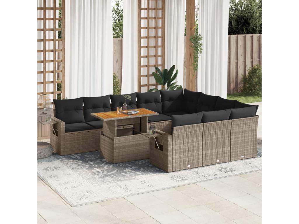 11-piece garden furniture set with grey resin wicker cushions BFNI79664