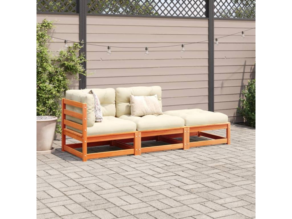 3-piece garden furniture set with cushions, brown wax finish, solid pine wood TMHD16259