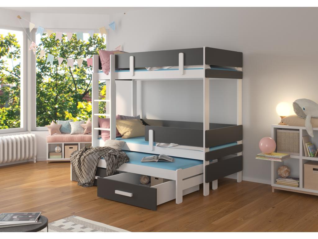 3-level bunk bed with 2 storage drawers, white and graphite grey, 90x200 cm, Decohaute UWDW70278