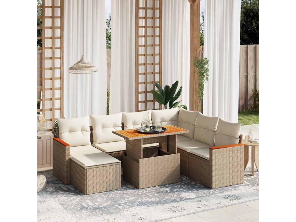 8-piece garden furniture set with cushions, beige woven resin OOOZ44750