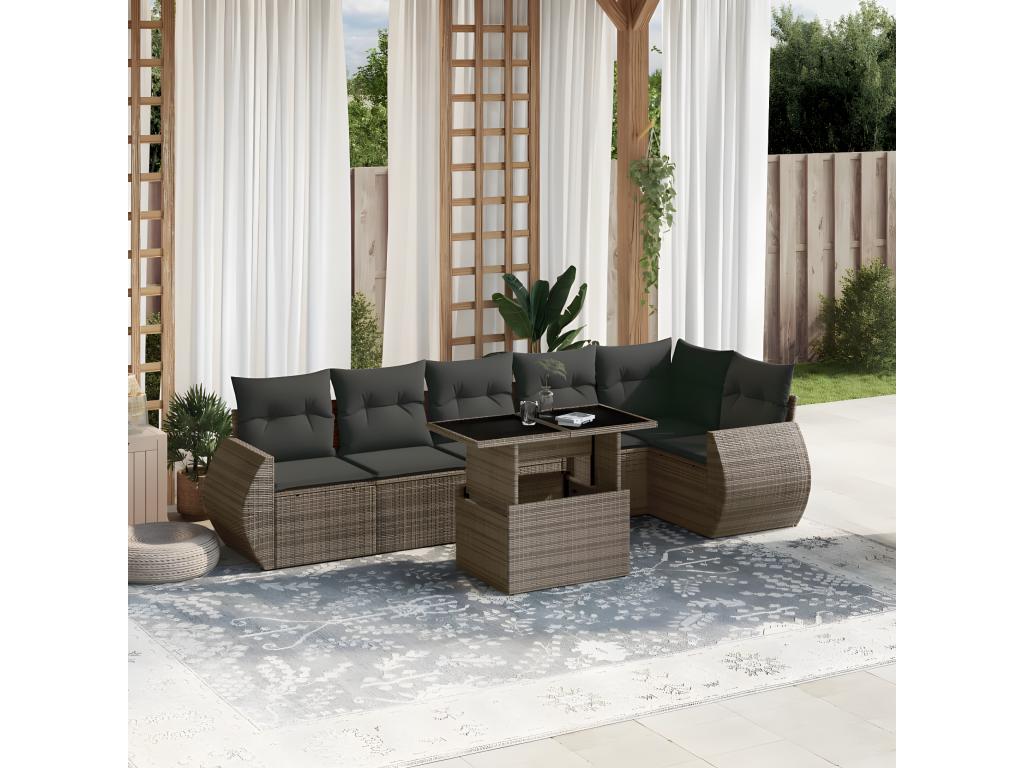 7-piece garden furniture set with cushions, grey woven resin DHGF16694