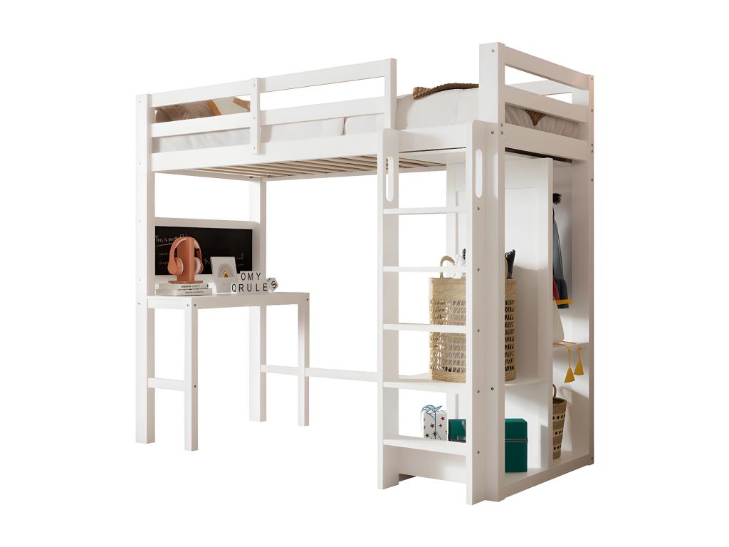 Raised children's bed with desk, open wardrobe and shelves, children's bed with high-level slatted base and fall protection, single bed 90x200 cm - White QCFW55210