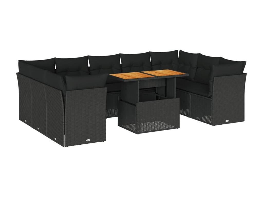 10-piece garden furniture set with cushions, black woven resin RMSJ79526