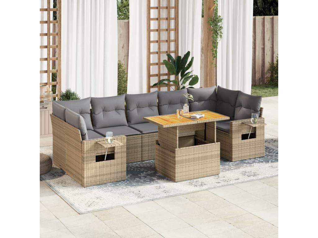 8-piece garden furniture set with cushions, beige wicker resin QISG35352