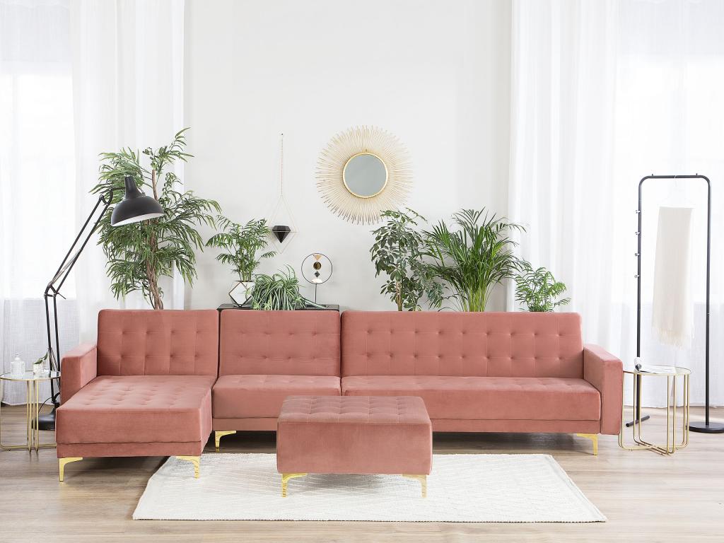 Domopure Modular Corner Sofa Bed in Pink Velvet with Ottoman, 5-Seater, Right-Hand Side QQRJ79077