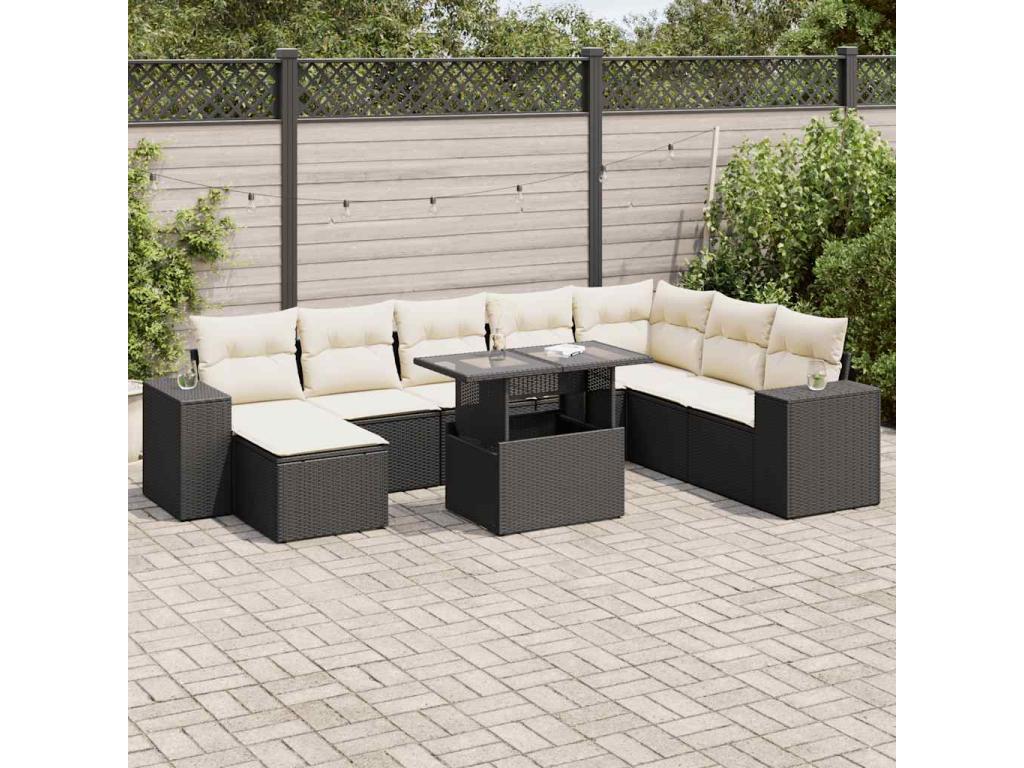 9-piece garden furniture set with cushions, black resin wicker AOKV51185
