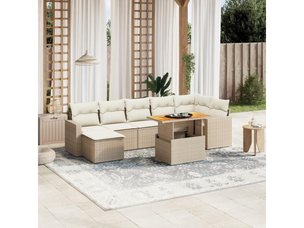 8-piece garden furniture set with cushions, beige woven resin BJQU53641