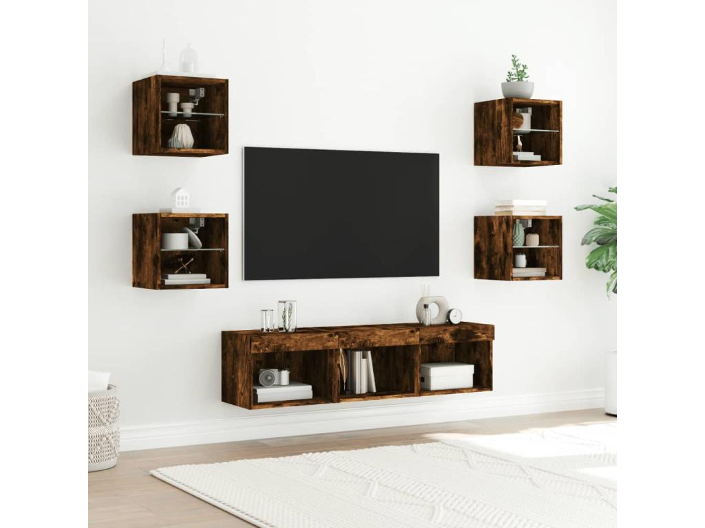 TV wall units with LED lighting, 7 pieces, smoked oak engineered wood, KVQG08922