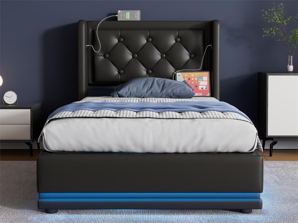 Upholstered storage bed 90x200 cm in faux leather - with charging function and LED at the foot of the bed - Black BNHP88747