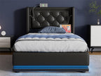 Upholstered storage bed 90x200 cm in faux leather - with charging function and LED at the foot of the bed - Black BNHP88747