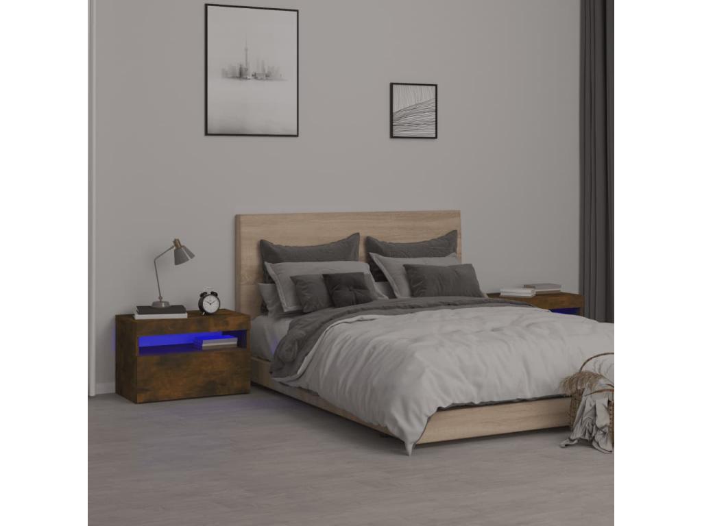 2-piece bedside tables and LED high-top lights, smoked oak, 60x35x40 cm, OEXO99067