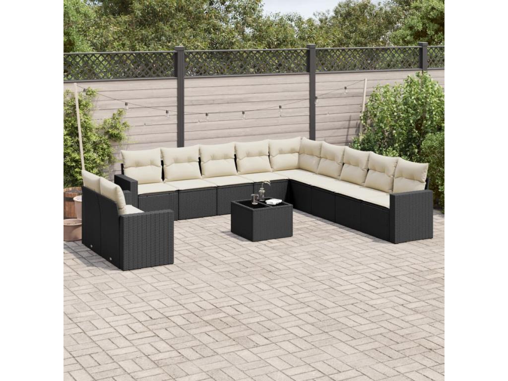 12-piece garden furniture set with cushions, black woven resin WQCQ75566