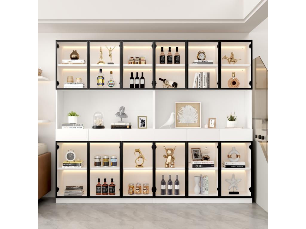 Display cabinet with 12 glass doors and 6 drawers - 240x36x200 cm - LEDs - Particleboard - White NVPV47260