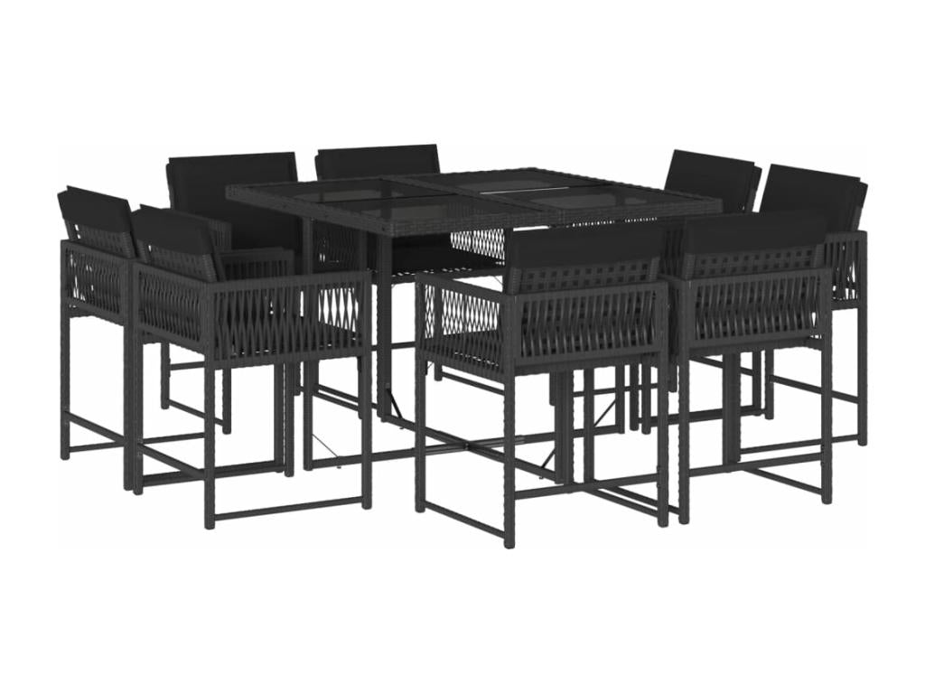 9-piece garden dining set with cushions, black resin wicker FJVT36447