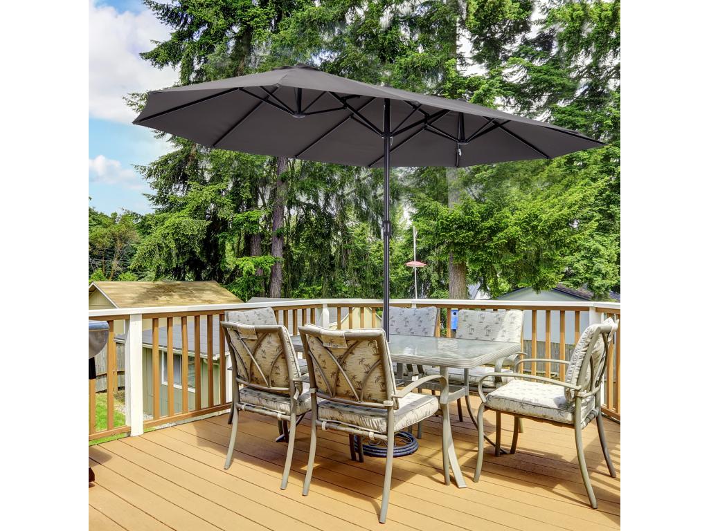 XXL garden parasol, large size 4.6L x 2.7W x 2.4H m, high-density steel and polyester, grey, QTJZ16894