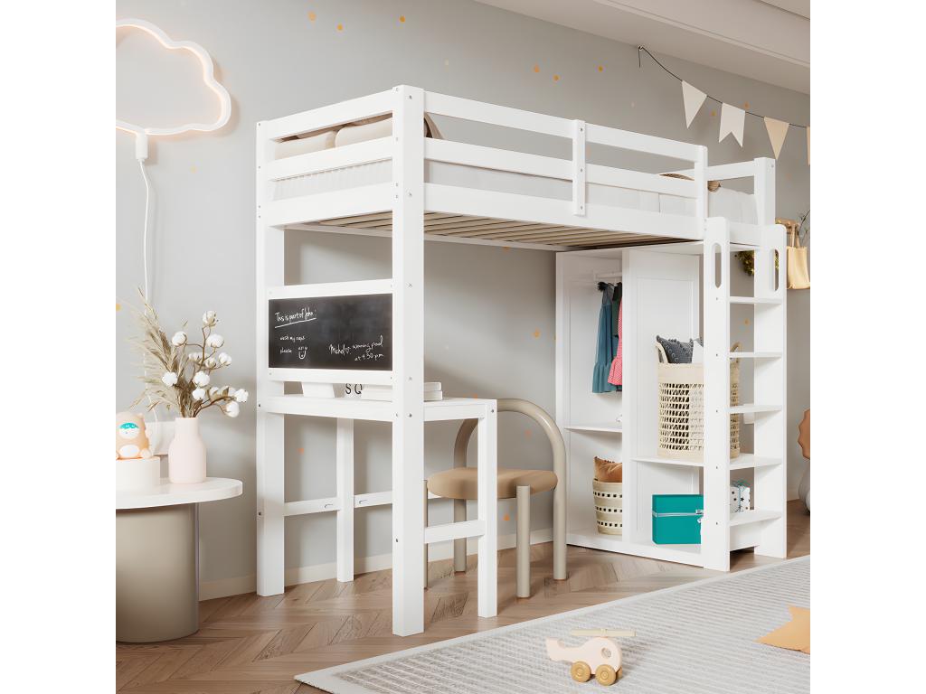 Raised children's bed with desk, open wardrobe and shelves, children's bed with high-level slatted base and fall protection, single bed 90x200 cm - White QCFW55210