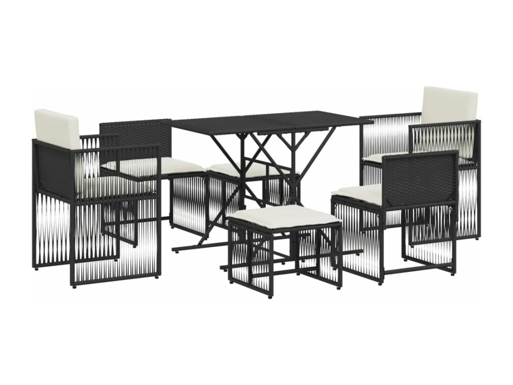 7-piece garden dining set with cushions, black woven resin TQXC51464