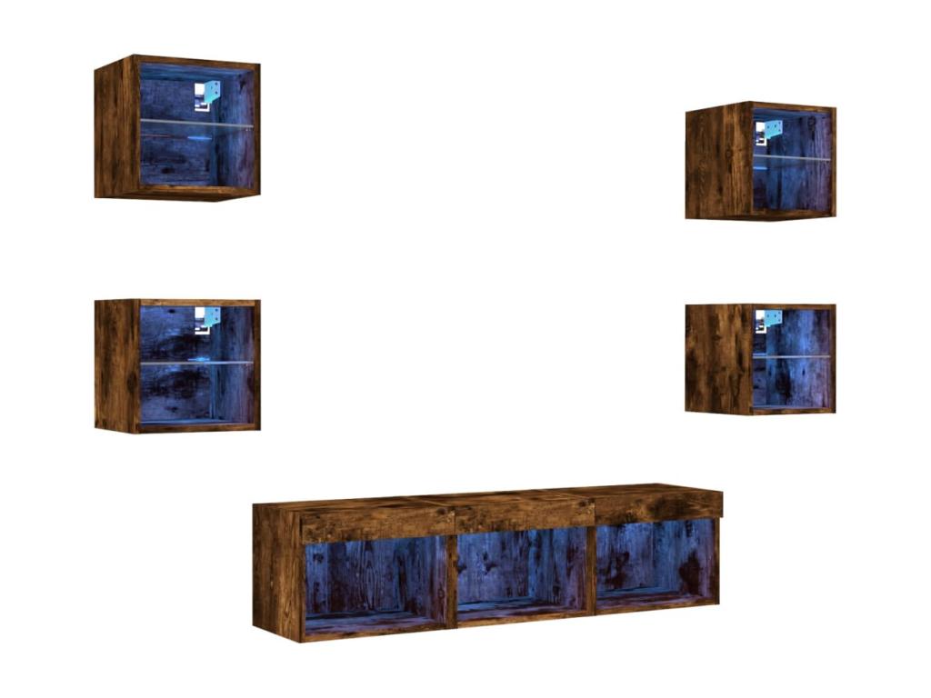 TV wall units with LED lighting, 7 pieces, smoked oak engineered wood, KVQG08922