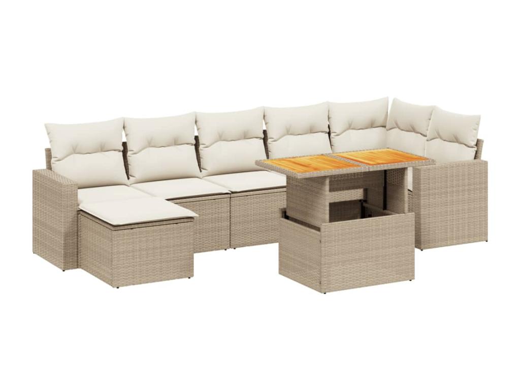 8-piece garden furniture set with cushions, beige woven resin BJQU53641