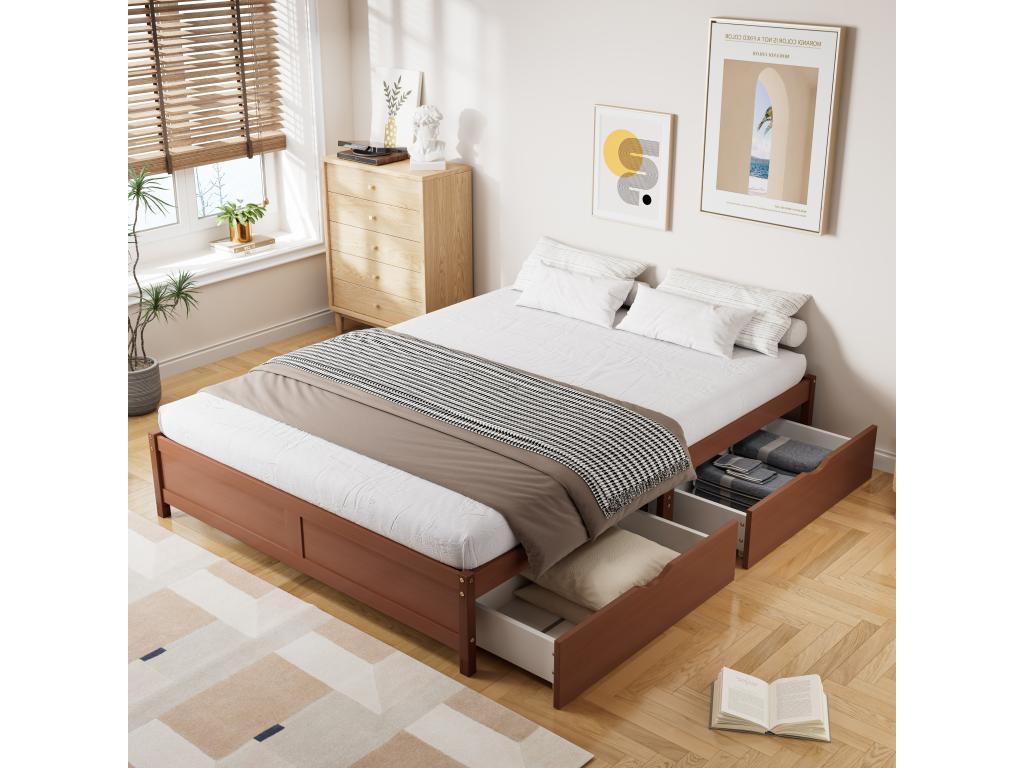 140x200cm Bed Frame - Domopure Wooden Double Bed with 2 Drawers and Domopure Slatted Bases (Headboard Not Included) - Red-Brown XBXN84223