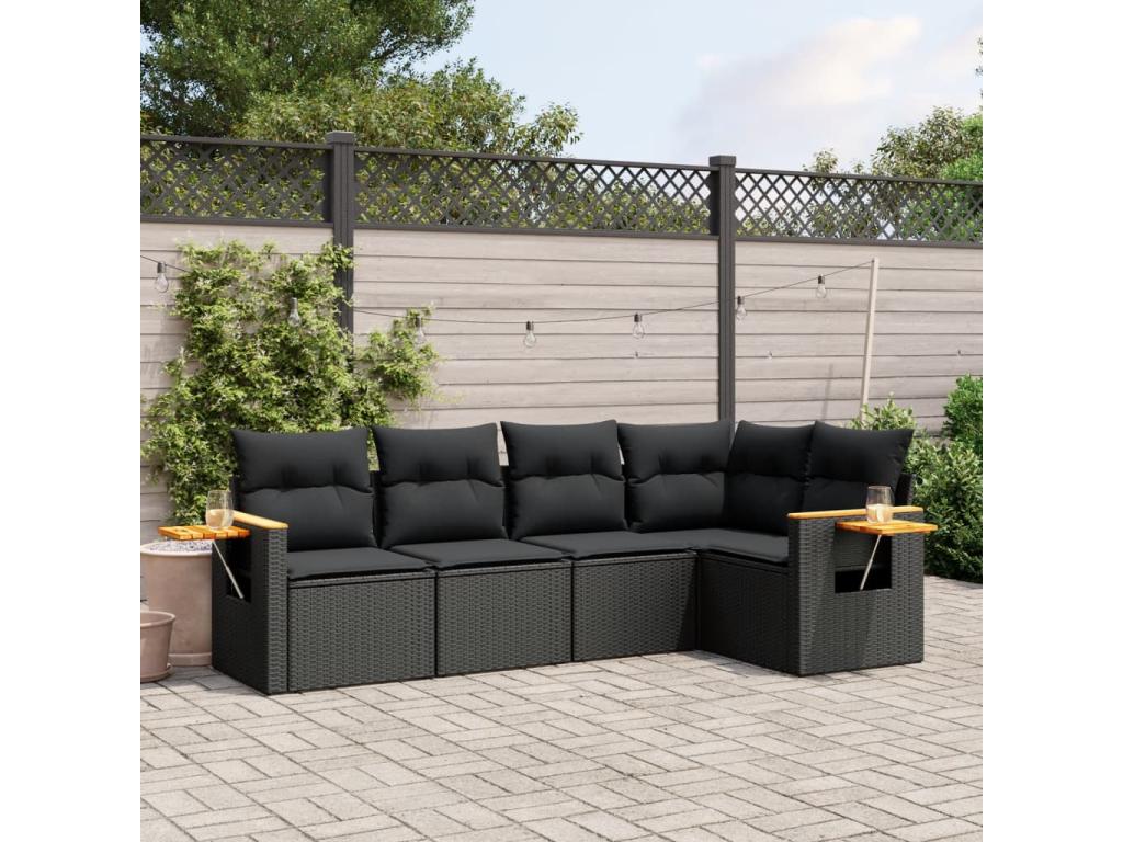 5-piece garden furniture set with cushions, black woven resin ADWJ92519