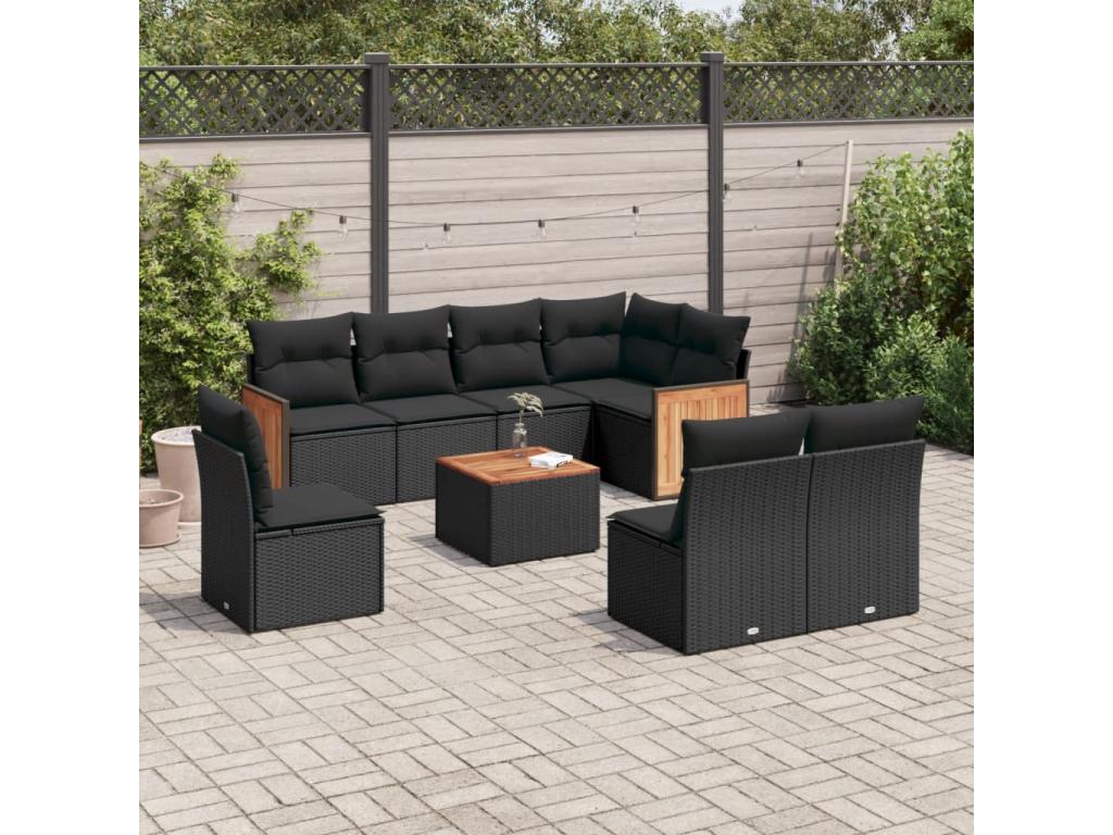 9-piece garden furniture set with cushions, black woven resin PJGM01961
