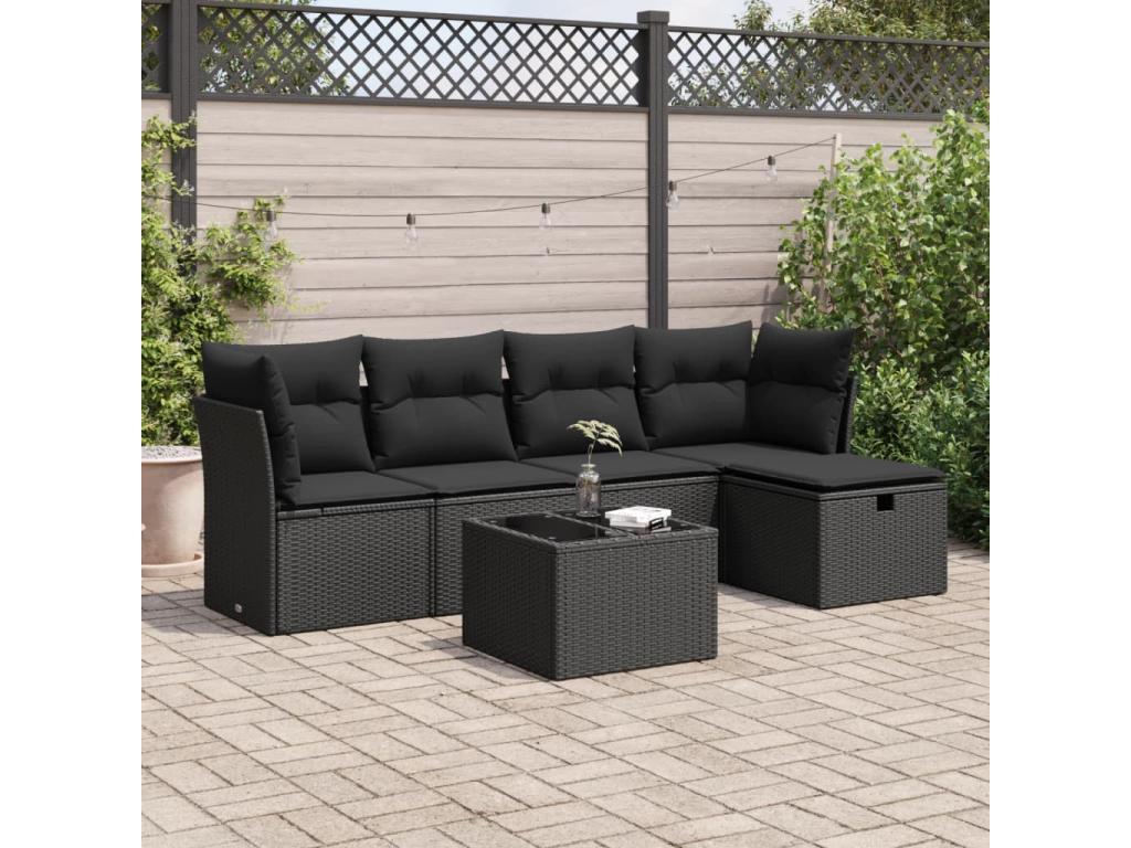 6-piece garden furniture set with cushions, black woven resin SQOT88725