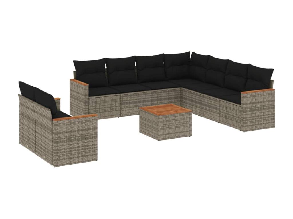 10-piece garden furniture set with cushions, grey woven resin BQOY56985