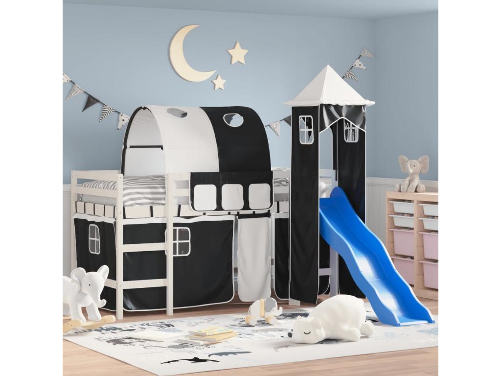 Children's loft bed and tower, white/black, 90x200 cm, solid pine, YTUP47762
