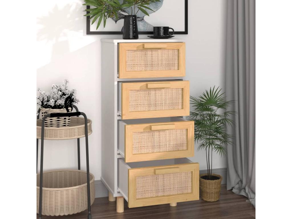 White sideboard 40x30x90 cm Solid pine wood and natural rattan JOUF66045