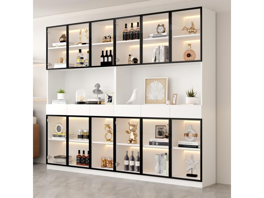 Display cabinet with 12 glass doors and 6 drawers - 240x36x200 cm - LEDs - Particleboard - White NVPV47260