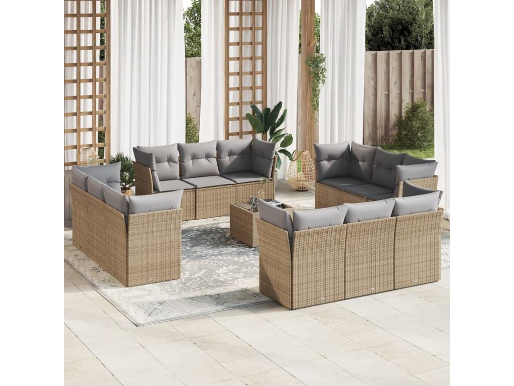 13-piece garden furniture set with cushions, beige woven resin GHPO07365