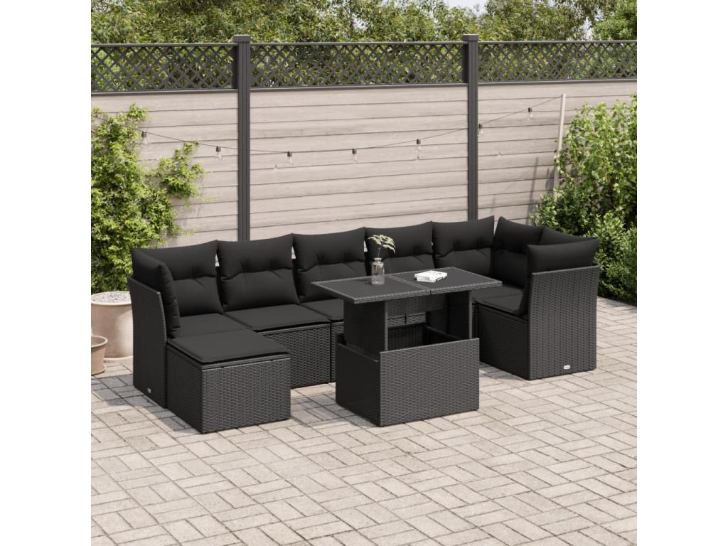 8-piece garden furniture set with cushions, black resin wicker HKSN32957