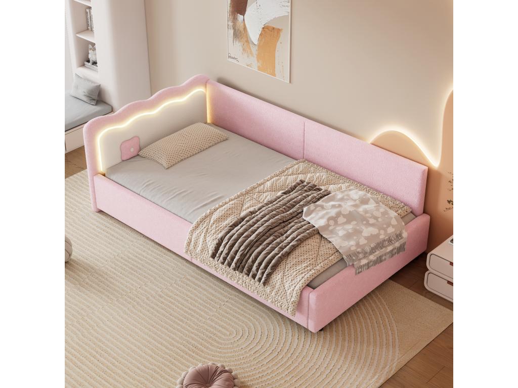 Children's bed 90x200 cm with headboard Sofa bed - LEDs - Velvet - High-quality slatted base - Pink without mattress AWSH46149