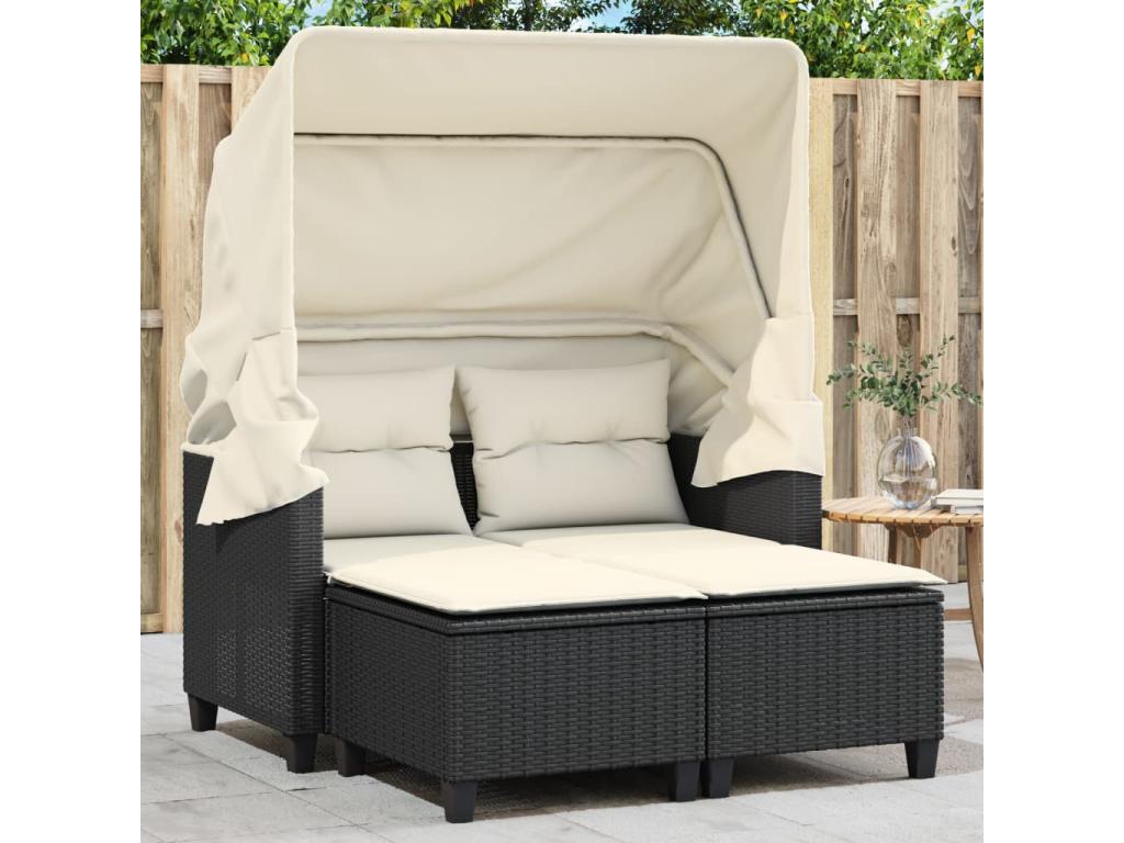 2-seater garden sofa with canopy and stools, black rattan LZDV94673