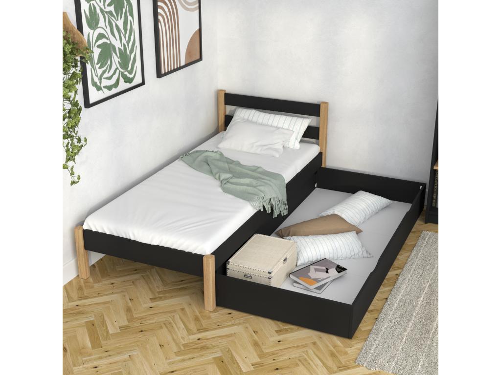 Single wooden bed - with drawer N01 Black / Natural Oak 80x200 ZHMZ97930