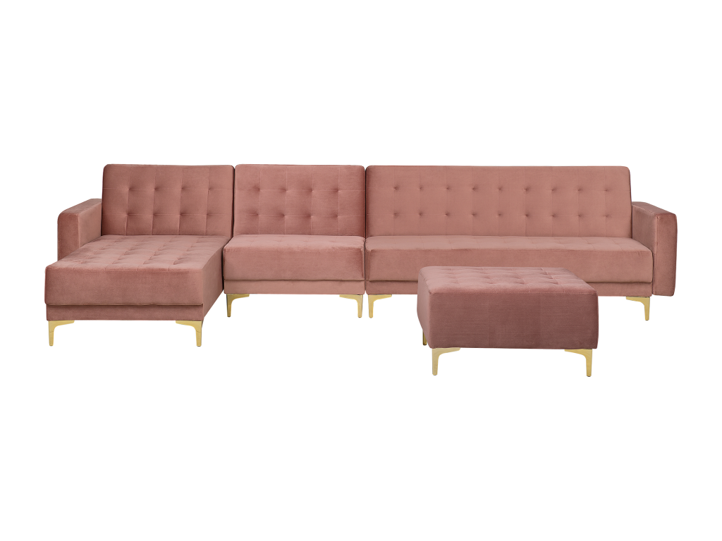 Domopure Modular Corner Sofa Bed in Pink Velvet with Ottoman, 5-Seater, Right-Hand Side QQRJ79077