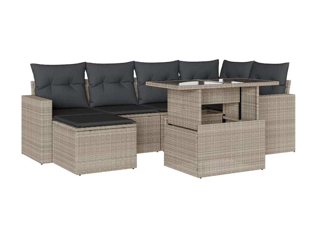Garden furniture set with cushions, 7 pieces, light grey woven resin, OYUH89366