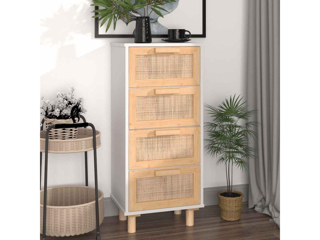 White sideboard 40x30x90 cm Solid pine wood and natural rattan JOUF66045