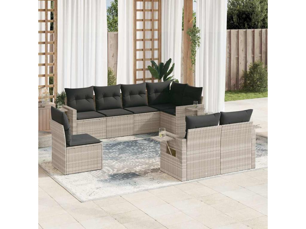 8-piece garden furniture set with light grey cushions, woven resin SSRN39069