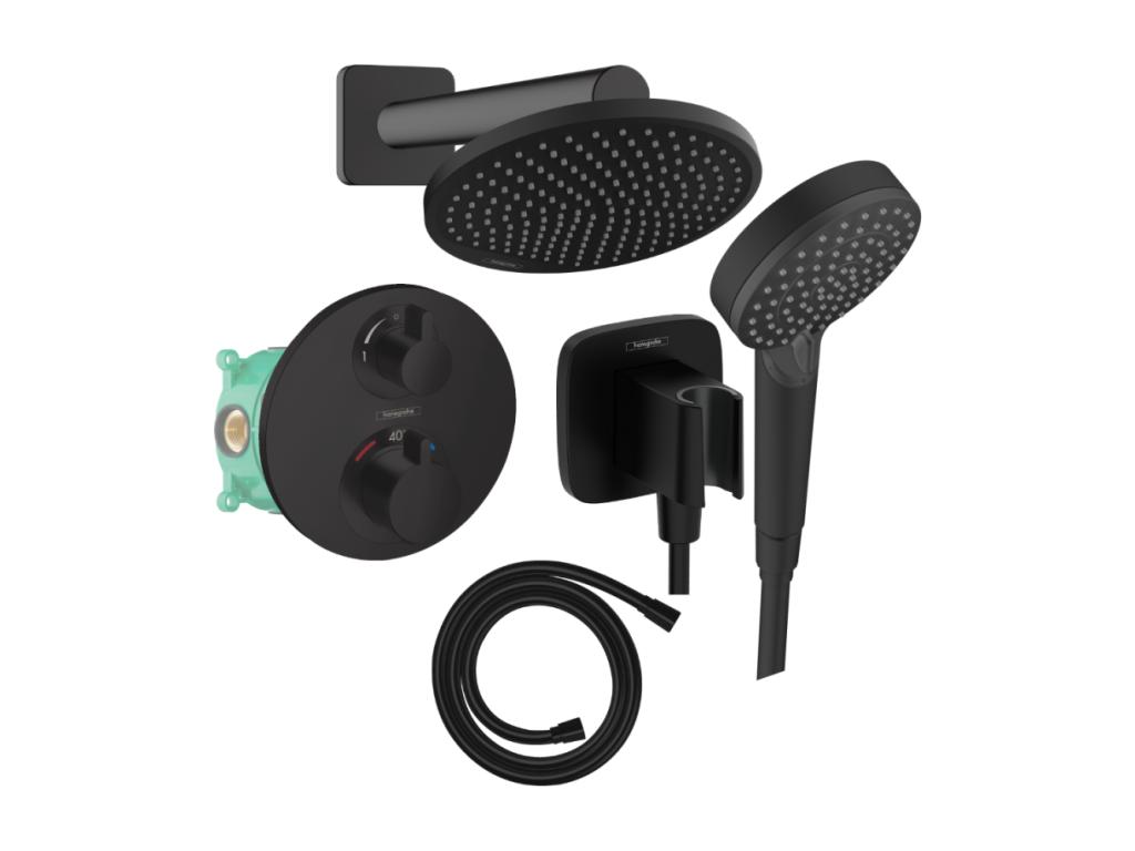 Domopure Ecostat S thermostatic shower column, Crometta S overhead shower, Isiflex flexible hose, hand shower, matte black Blend varnish LAKN97631