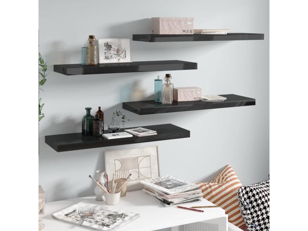 Floating wall shelf, 4 pcs, glossy black, 80x23.5x3.8 cm, MDF, IYTF50492