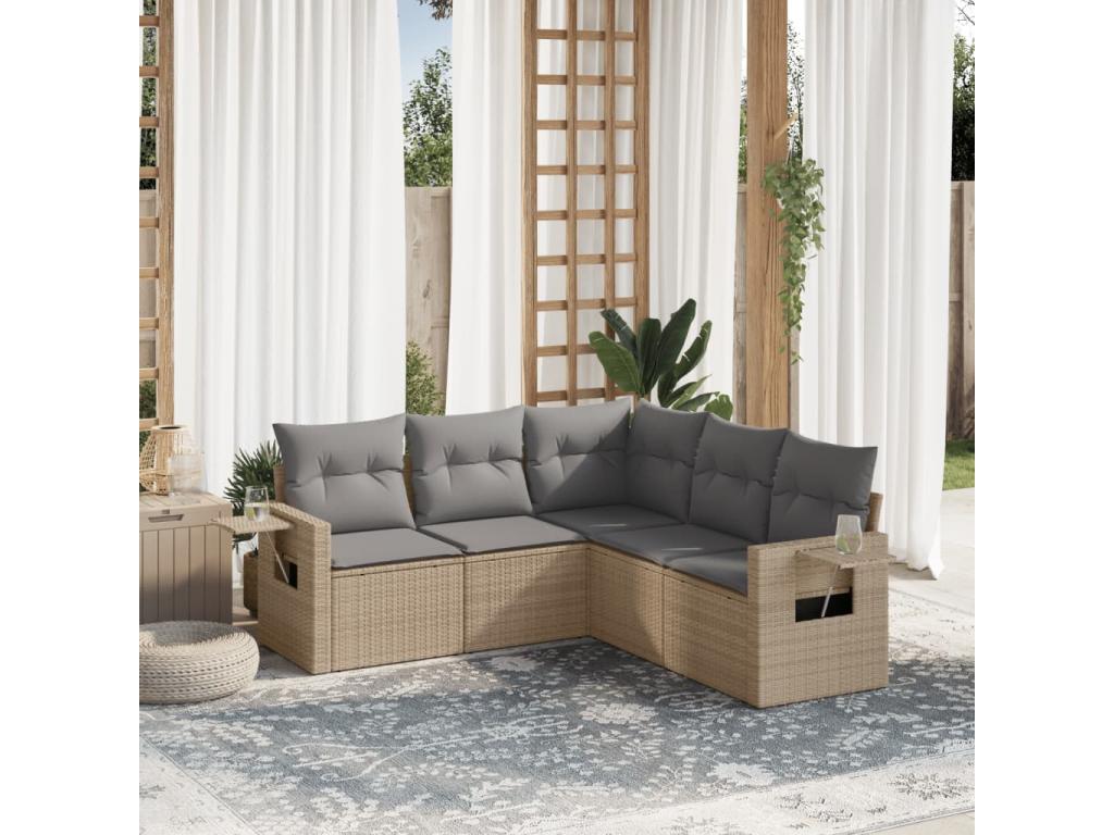 5-piece garden furniture set with cushions, beige wicker resin HGYY66296