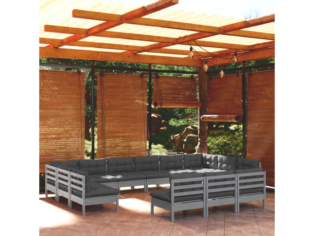 13-piece garden furniture set with cushions, Grey, Solid Pine Wood YCJM20710