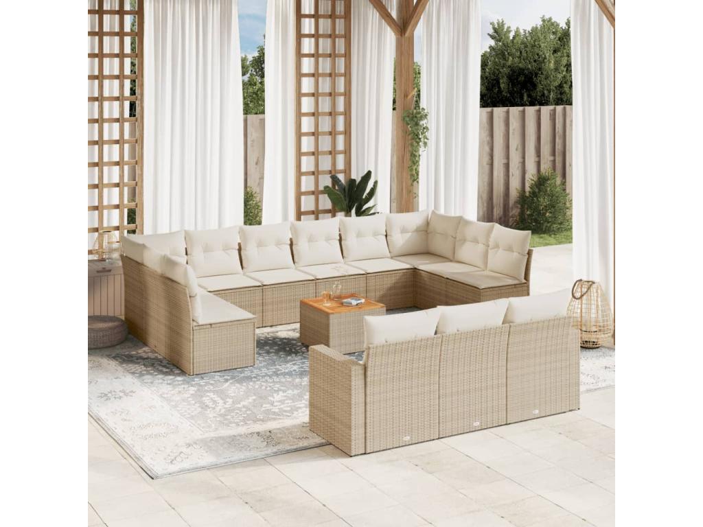 14-piece beige woven resin garden furniture set with cushions DCGZ44766