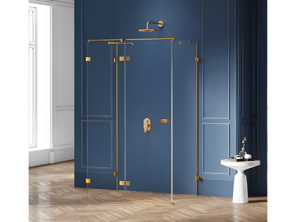 Domopure GOLD BRUSHED left-hand pivot shower enclosure 110x70, brushed gold color, front access NLSK54070