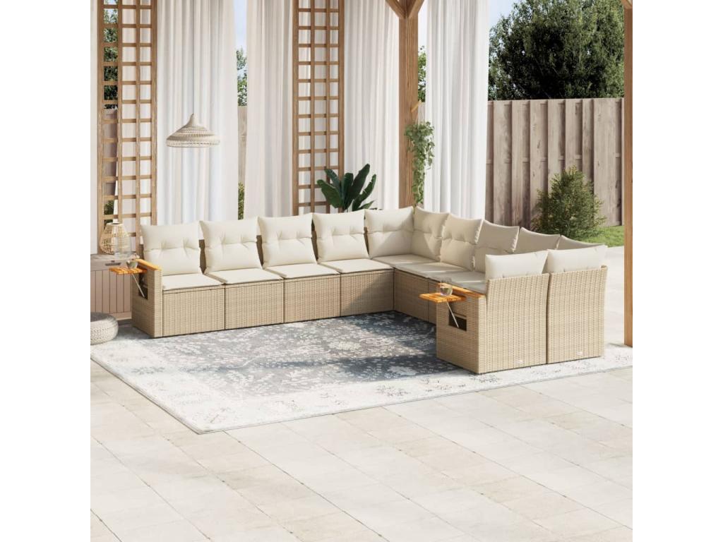 Garden furniture set with cushions, 10 pieces, beige woven resin, JLOW09899